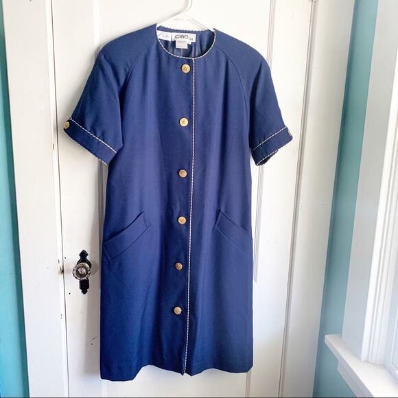 VTG Ciao LTD Short Sleeve Button Up Dress Gold Buttons Flight Attendant 1980s 8 - Picture 2 of 13